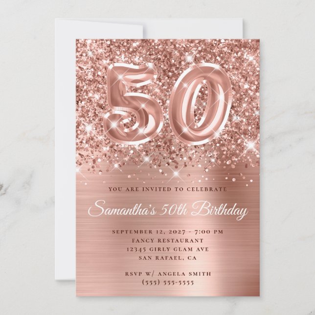 Glittery Rose Gold Glam Nummer 50. Geburtstag Einladung (Vorderseite)