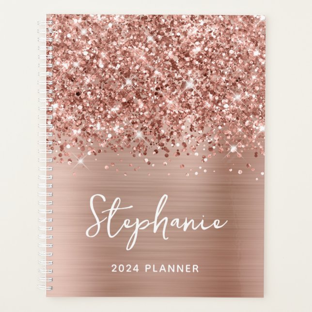 Glittery Rose Gold Glam Personalisiert 2024 Planer (Vorderseite)