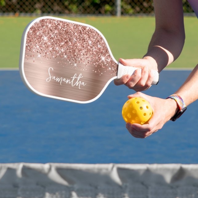 Glittery Rose Gold Glam Script Name Pickleball Schläger (InSitu)