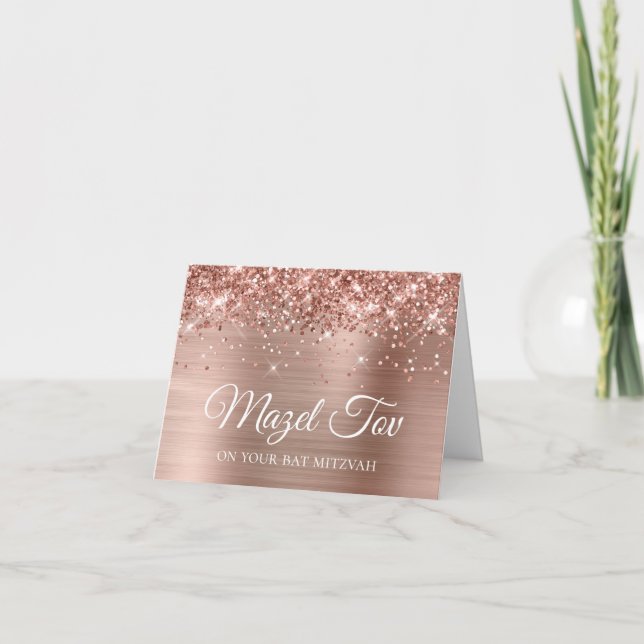 Glittery Rose Gold Mazel Tov auf Ihrem Bat Mitzvah Karte (Vorderseite)