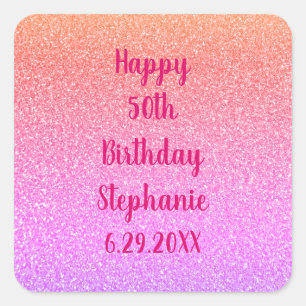 Glittery Rose Gold Pink Custom Happy Birthday Name Quadratischer Aufkleber