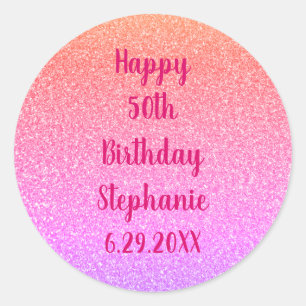 Glittery Rose Gold Pink Custom Happy Birthday Name Runder Aufkleber
