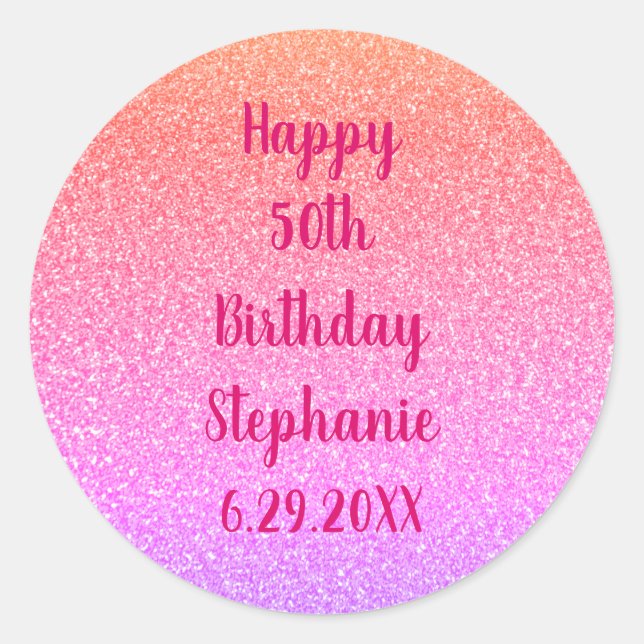 Glittery Rose Gold Pink Custom Happy Birthday Name Runder Aufkleber (Vorderseite)