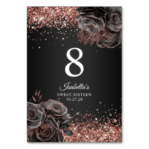 Glittery Rose Gold Schwarzer Blumenglam 16 . Gebur Tischnummer