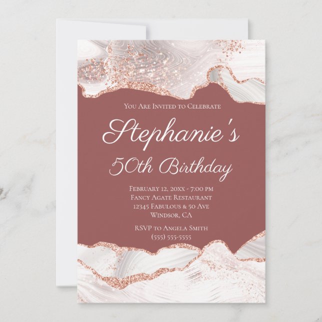 Glittery Rose Gold White Agate 50th Birthday Brick Einladung (Vorderseite)