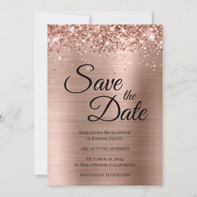 Glittery Rose Goldene Fohlen Extravagantes Skript Save The Date (Vorderseite)