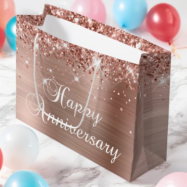 Glittery Rose Goldene Foil Extravagant glücklicher Große Geschenktüte (Glittery Rose Gold Foil Fancy Happy Anniversary Large Gift Bag)