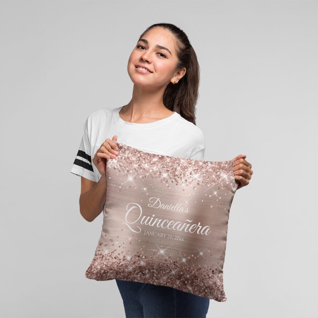 Glittery Rose Goldener Foil 15 Quinceañera Kissen (Rose Gold Mis Quince Throw Pillow)