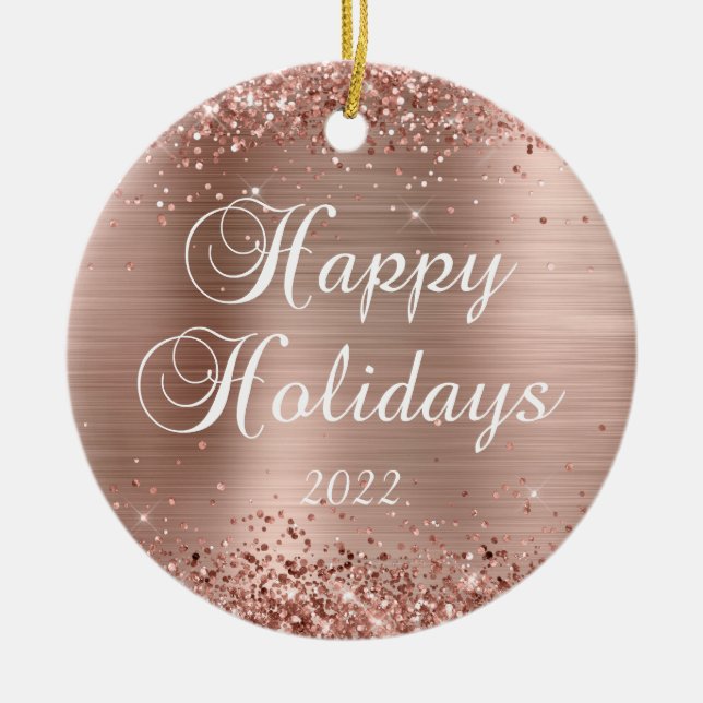 Glittery Rose Goldenes Foil Happy Holidays Foto Keramik Ornament (Vorne)