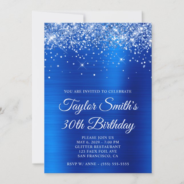 Glittery Royal Blue 30. Geburtstag Einladung (Vorderseite)