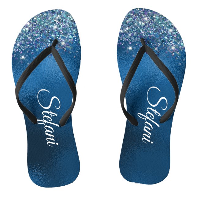 Glittery Royal Blue Foil Individueller Name Flip Flops (Fußbett)
