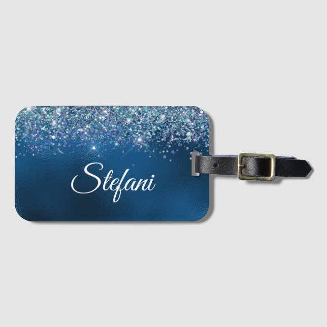 Glittery Royal Blue Foil Individueller Name Gepäckanhänger (Vorderseite (Horizontal))