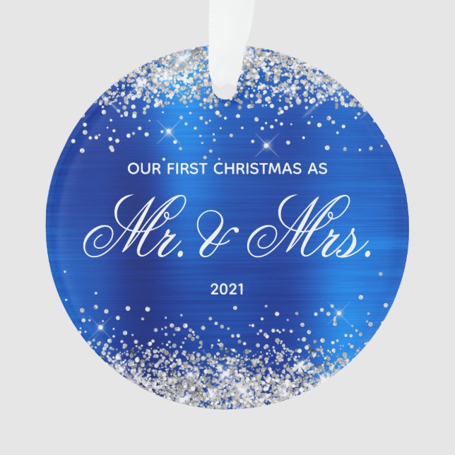 Glittery Royal Blue Foil Unser erstes Weihnachtsfe Ornament (Vorderseite)