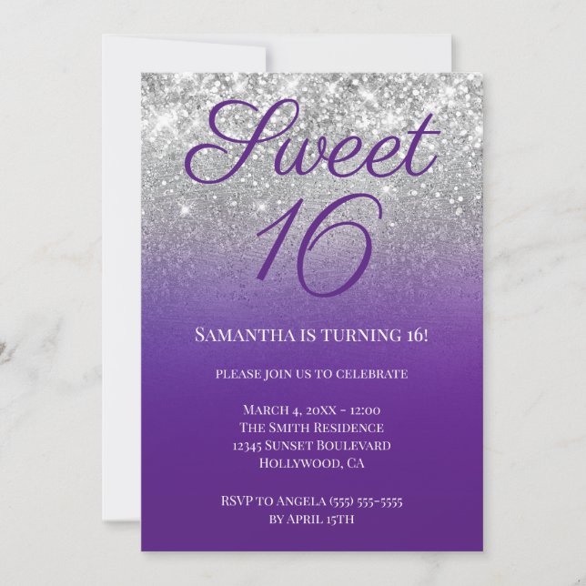 Glittery Royal Lila Silver Ombre Sweet 16 Einladung (Vorderseite)