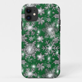 Glittery silbergrüne festliche Schneeflockenmuster Case-Mate iPhone Hülle