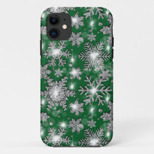 Glittery silbergrüne festliche Schneeflockenmuster Case-Mate iPhone Hülle