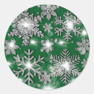 Glittery silbergrüne festliche Schneeflockenmuster Runder Aufkleber