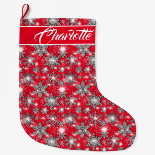 Glittery silberne festliche Schneeflocken Muster Großer Weihnachtsstrumpf