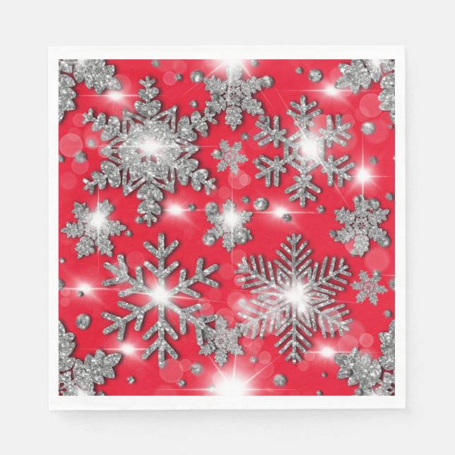 Glittery silberne festliche Schneeflockenmuster Serviette (Vorderseite)