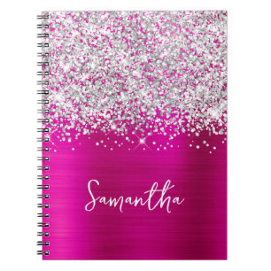 Glittery Silver and Hot Pink Glam Script Name Notizblock
