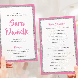 Glittery Silver Bat Mitzvah Pink Paper Program Flyer