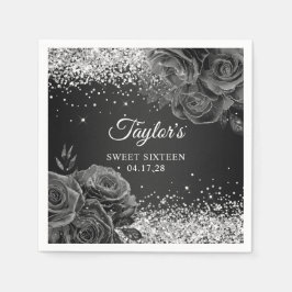 Glittery Silver Black Floral Glam 16 . Geburtstag Serviette