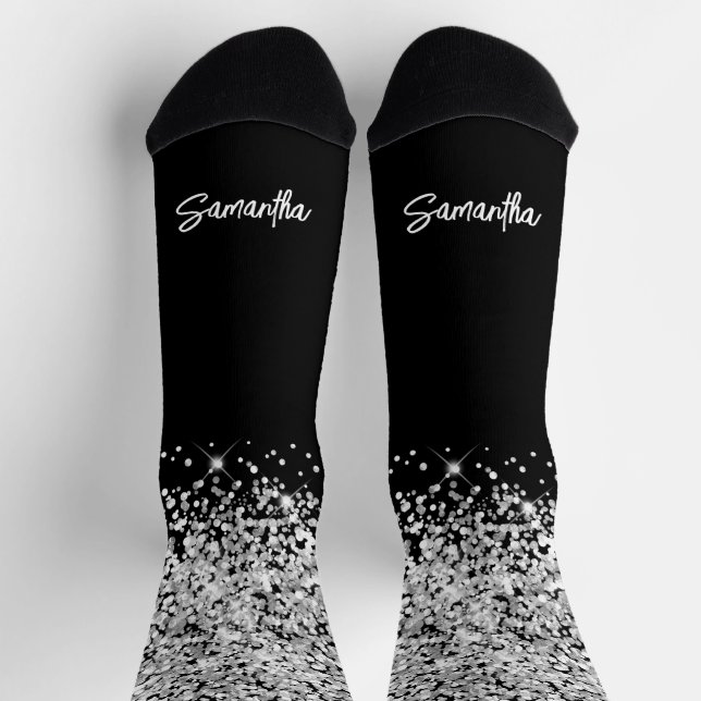 Glittery Silver Black Glam Pinselstrichname Socken (Oben)