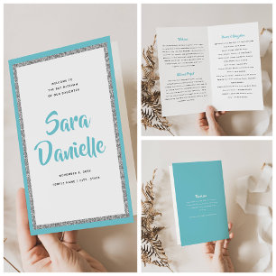 Glittery Silver & Blue Bat Mitzvah Faltprogramm Flyer