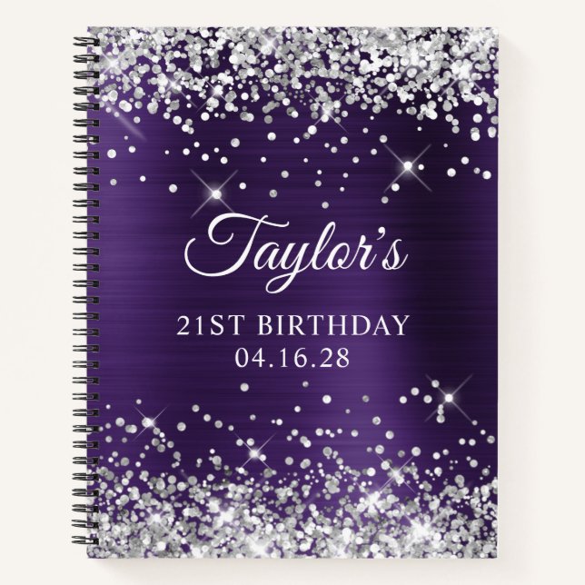 Glittery Silver Dark Violet Foil 21. Geburtstag Notizbuch (Vorderseite)