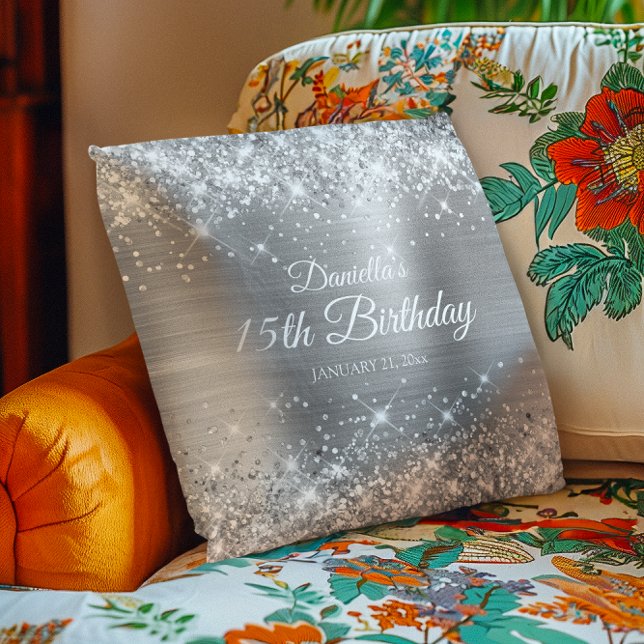 Glittery Silver Foil 15. Geburtstag Kissen (Glittery Silver Foil 15th Birthday Throw Pillow)