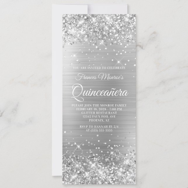 Glittery Silver Foil 15 Quinceañera Einladung (Vorderseite)