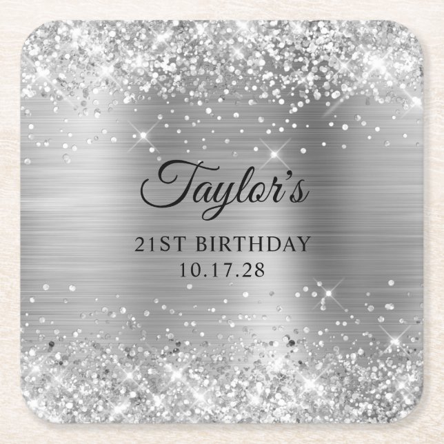 Glittery Silver Foil 21st Birthday Rechteckiger Pappuntersetzer (Vorderseite)