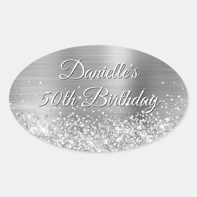 Glittery Silver Foil 50. Geburtstag Ovaler Aufkleber (Vorderseite)