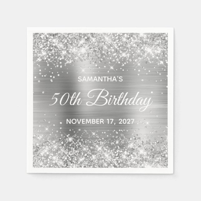 Glittery Silver Foil 50. Geburtstag Serviette (Vorderseite)