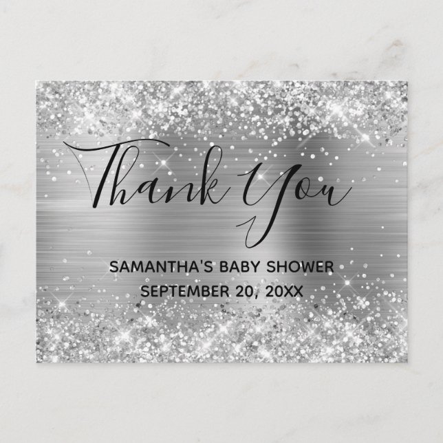 Glittery Silver Foil Baby Dusche Vielen Dank Postkarte (Vorderseite)