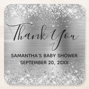 Glittery Silver Foil Baby Dusche Vielen Dank Rechteckiger Pappuntersetzer