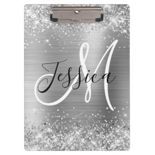 Glittery Silver Foil Black and White Monogram Klemmbrett