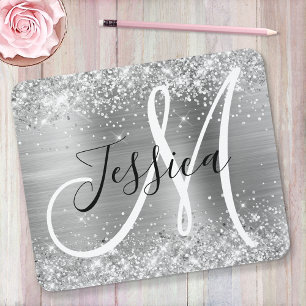 Glittery Silver Foil Black and White Monogram Mousepad