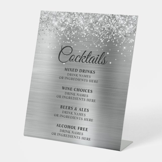 Glittery Silver Foil Cocktails Bar Menu Sockelschild (Vorderseite)