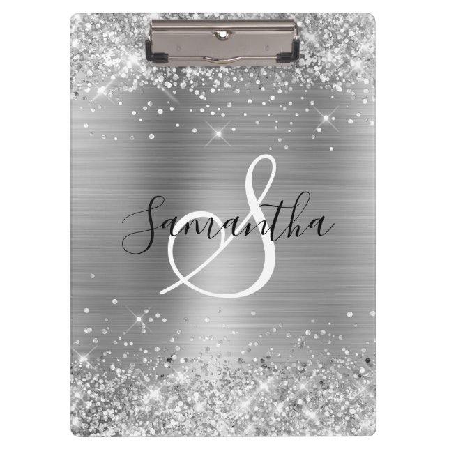 Glittery Silver Foil Elegant Monogrammed Klemmbrett (Vorderseite)