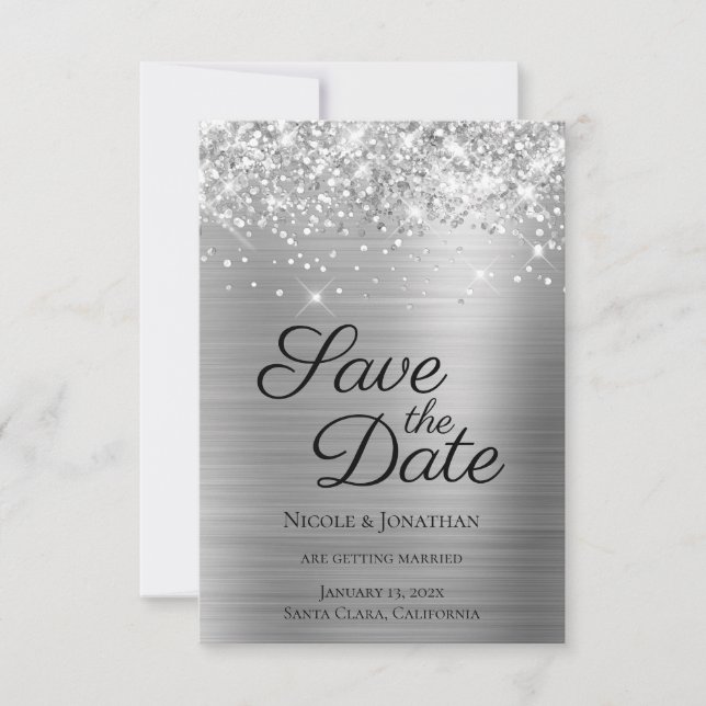 Glittery Silver Foil Elegante Kalligraphie Save The Date (Vorderseite)