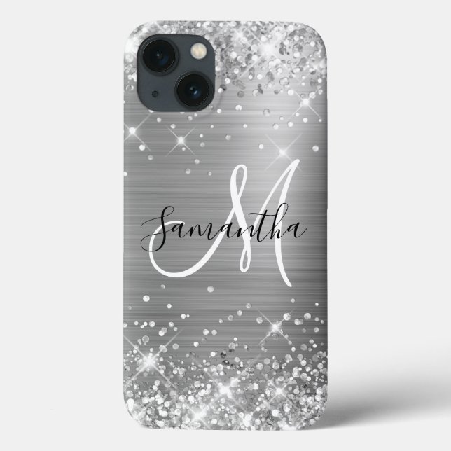 Glittery Silver Foil Elegantes Monogramm Case-Mate iPhone Hülle (Rückseite)