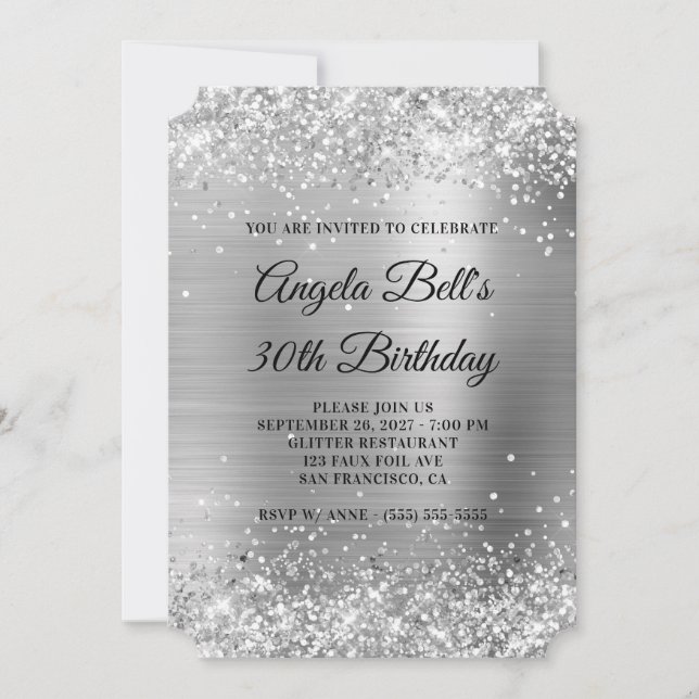 Glittery Silver Foil Extravagant Monogram 30. Gebu Einladung (Vorderseite)