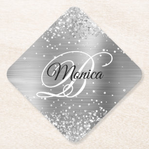 Glittery Silver Foil Extravagant Monogram Diamond Untersetzer