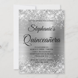 Glittery Silver Foil Extravagant Monogram Quinceañ Einladung
