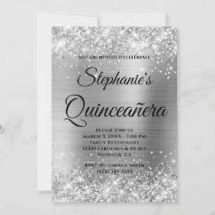 Glittery Silver Foil Extravagant Monogram Quinceañ Einladung