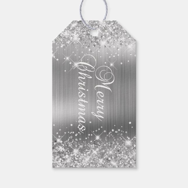 Glittery Silver Foil Frohe Weihnachten Geschenkanhänger (Vorderseite)