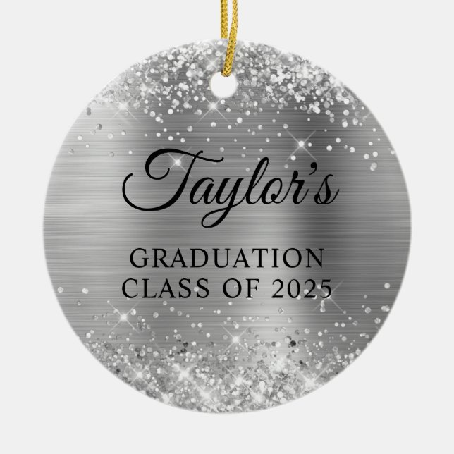 Glittery Silver Foil Graduation Keramik Ornament (Vorne)