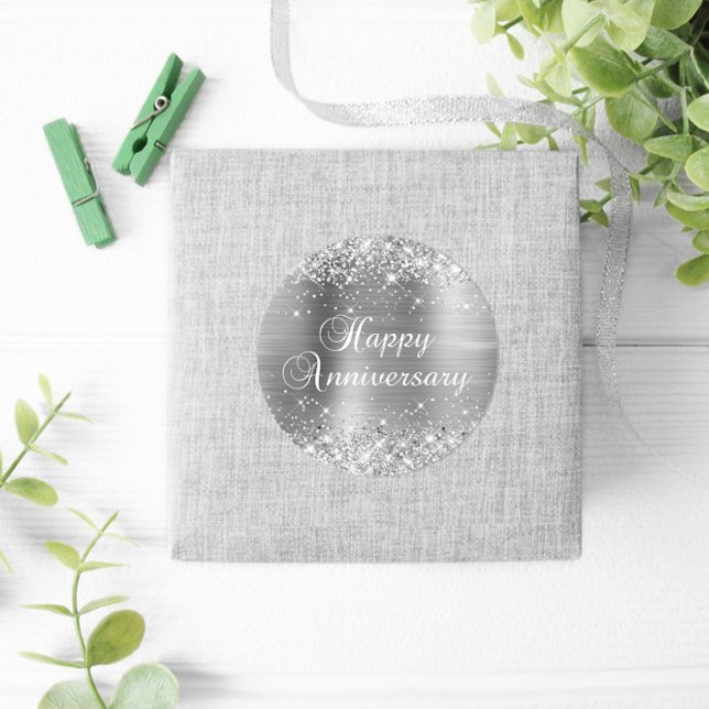 Glittery Silver Foil Happy Jubiläum Runder Aufkleber (Silvery Glitter Favor Stickers)