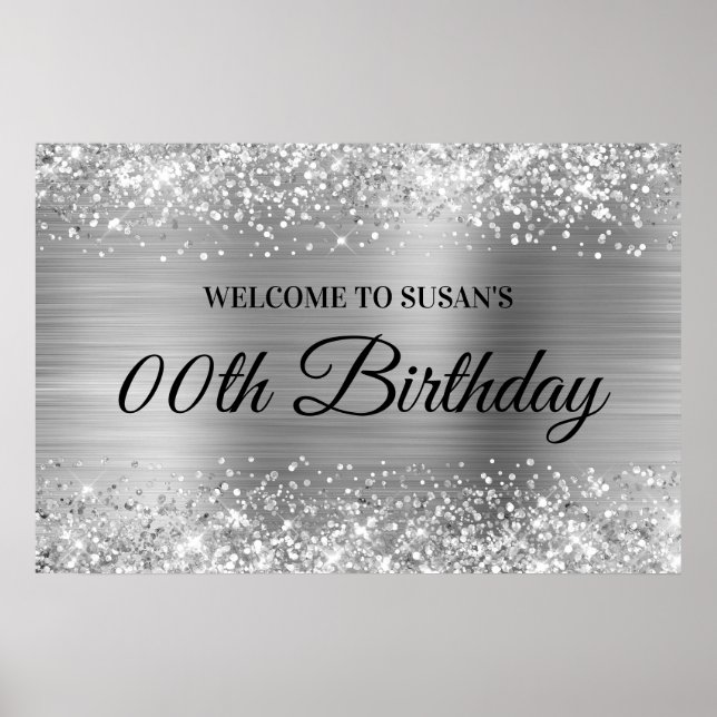 Glittery Silver Foil jedes Alter Geburtstag Willko Poster (Vorne)